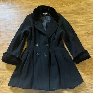 Vintage Braetan 100% Wool Black Double-Breasted Faux Fur Pea Coat Tailored Waist